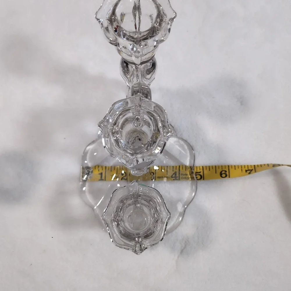 Vintage Cambridge Rose‎ Point Glass Candelabra Pair 3 Tier Etched Candlesticks